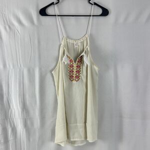 Overmal Womens Size M V Neck Embroidered Tassel Sleeveless Tank Top Cream Shirt